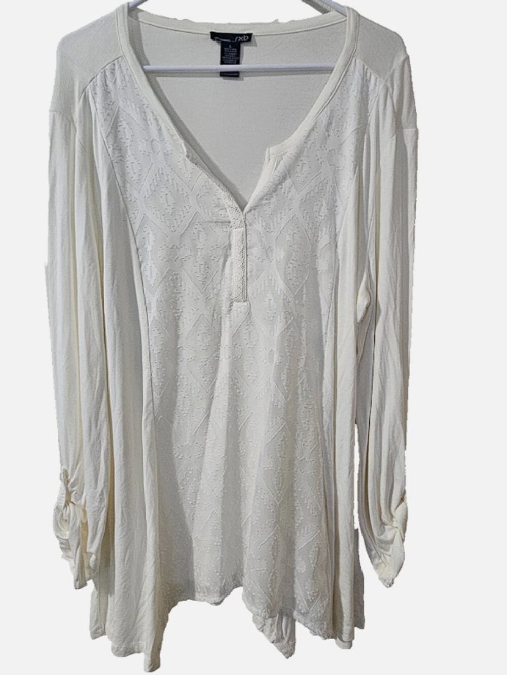 RXB Sz L Cream V-Neck Top Sheer Overlay Rayon Stretch Top